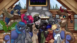 Size: 1920x1080 | Tagged: safe, artist:skyboundsiren, derpibooru import, oc, oc:autumn, oc:dicey digs, oc:jack rabbit, oc:maple wood, oc:maria, oc:quick service, oc:serenity showers, oc:sprocket, oc:stygian crosswind, oc:ziya, cyborg, kirin, pegasus, pony, unicorn, braid, bush, cabin, chest fluff, clothes, commission, couch, fireplace, flower, flower pot, flying, foliage, forest, hat, horn, image, jacket, looking at you, nature, open mouth, open smile, painting, picture frame, plant, png, scales, scar, scarf, sitting, smiling, smiling at you, sweater, tree, vase