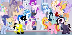 Size: 1080x536 | Tagged: safe, derpibooru import, oc, oc:altersmay earth, oc:crystal snow, oc:laura orchid, oc:shadow lily, ponified, unnamed oc, alicorn, pegasus, pony, unicorn, accessory, alicorn oc, beard, bow, colored hooves, colored wings, crystal empire, ear piercing, eyes closed, facial hair, female, filly, flying, foal, glasses, grin, group, group picture, hair bow, hair covering face, happy, hat, hoof on chest, horn, image, jpeg, looking at each other, looking at someone, looking up, male, mare, open mouth, pegasus oc, piercing, planet ponies, round glasses, shipping, smiling, unicorn oc, wings