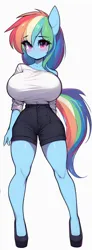 Size: 376x1024 | Tagged: safe, ai content, derpibooru import, machine learning generated, rainbow dash, anthro, adorasexy, big breasts, blushing, breasts, clothes, curvy, cute, female, g4, high heels, hourglass figure, huge breasts, image, looking at you, png, prompter:horselover fat, sexy, shoes, shorts, shortstack, shy, simple background, solo, standing, white background, white shirt, wingless, wingless anthro