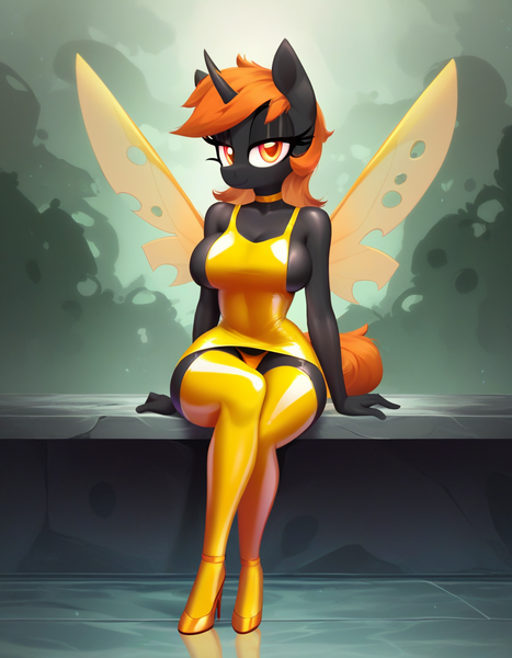 Size: 896x1152 | Tagged: suggestive, ai content, derpibooru import, machine learning generated, oc, oc:tempest wind(fudgey), anthro, changeling, changeling queen, background, clothes, female, image, latex, looking at you, panties, png, rubber, socks, thigh highs, underwear