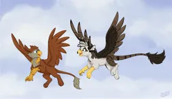 Size: 4096x2363 | Tagged: safe, artist:rutkotka, derpibooru import, oc, oc:ospreay, oc:peregrine, blue eyes, cloud, commission, cute, duo, flying, image, jpeg, looking at each other, looking at someone, sketch, sky, tail, watermark, wings, yellow eyes