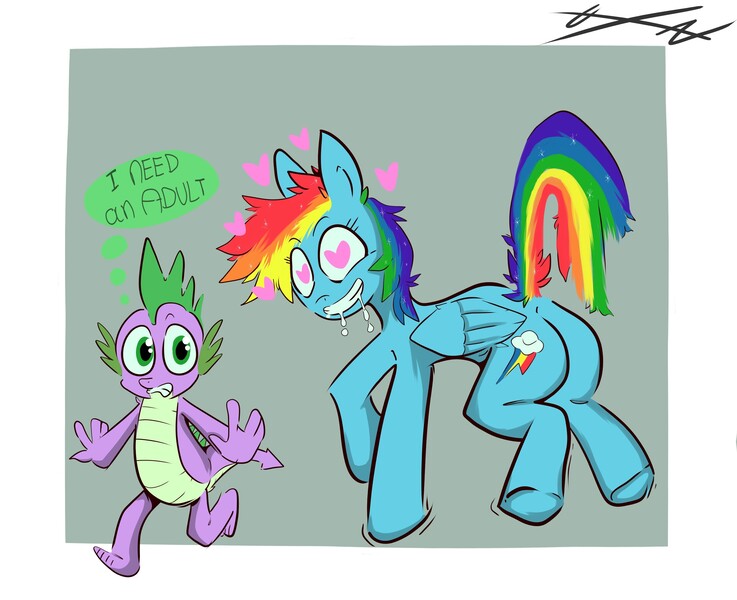 Size: 2900x2360 | Tagged: safe, artist:hollaholla69, derpibooru import, rainbow dash, spike, dragon, pony, drool, duo, duo male and female, female, g4, heart, i need an adult, image, jpeg, male, ship:rainbowspike, shipping, simple background, straight