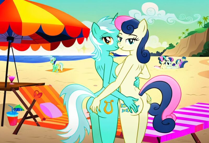 Size: 1216x832 | Tagged: questionable, ai content, artist:nickeltempest, machine learning generated, stable diffusion, bon bon, lyra heartstrings, sweetie drops, anthro, earth pony, unicorn, asymmetrical docking, beach, beach babes, busty bon bon, busty lyra heartstrings, butt touch, embracing, exhibitionism, female, flirty, hand on butt, image, in love, inviting, jpeg, lawn chair, lesbian, lesbian couple, lyrabon, nude beach, nudity, rock cliff, seductive pose, sexy, shipping, smiling, standing, sunbathing, table, tropical drink, umbrella