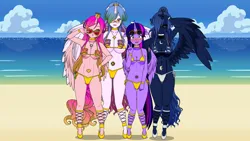 Size: 1366x768 | Tagged: suggestive, artist:shitsandgiggles, derpibooru import, princess cadance, princess celestia, princess luna, twilight sparkle, twilight sparkle (alicorn), alicorn, anthro, human, alicorn tetrarchy, alternate versions at source, beach, belly button, belly piercing, bikini, breasts, busty princess cadance, busty princess celestia, busty princess luna, busty twilight sparkle, clothes, gold swimsuit, golden bikini, golden week, humanized, image, kisekae, kissy face, piercing, png, silver bikini, swimsuit