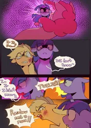 Size: 2733x3866 | Tagged: safe, artist:piesinful, derpibooru import, applejack, pinkie pie, twilight sparkle, earth pony, pony, unicorn, comic:unlucky day, fanfic:cupcakes, applejack's hat, bruised, comic, cowboy hat, dialogue, female, freckles, hat, image, mare, png, speech bubble, trio, unconscious, unicorn twilight