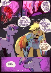 Size: 2733x3866 | Tagged: grimdark, artist:piesinful, derpibooru import, applejack, rainbow dash, twilight sparkle, earth pony, pegasus, pony, unicorn, comic:unlucky day, fanfic:cupcakes, applejack's hat, body parts, bucket, carrying, comic, cowboy hat, crying, cutie mark, dialogue, female, hat, image, injured, lichtenberg scar, mare, mouth hold, nail, organs, png, scar, severed limb, severed wing, speech bubble, sweat, trio, trio female, unconscious, unicorn twilight, wingless, wings