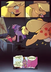 Size: 2733x3866 | Tagged: semi-grimdark, artist:piesinful, derpibooru import, applejack, pinkie pie, rainbow dash, spike, twilight sparkle, dragon, earth pony, pegasus, pony, unicorn, comic:unlucky day, fanfic:cupcakes, applejack's hat, blood, bruised, bucket, carrying, comic, cowboy hat, crying, dialogue, female, hat, image, injured, male, mare, mouth hold, png, running, speech bubble, unconscious, unicorn twilight, wingless