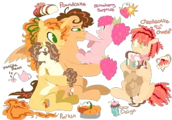 Size: 2200x1544 | Tagged: safe, artist:universalheart, derpibooru import, li'l cheese, pound cake, pumpkin cake, oc, oc:coco delight, oc:strawberry surprise, oc:vanilla bean, earth pony, pegasus, pony, unicorn, the last problem, alternate design, alternate name, bow, female, filly, flower, flower in hair, foal, freckles, hair bow, holding a pony, horn, image, male, mare, name, no pupils, offspring, older, older pound cake, older pumpkin cake, parent:cheese sandwich, parent:pinkie pie, parents:cheesepie, png, simple background, stallion, transparent background, triplets