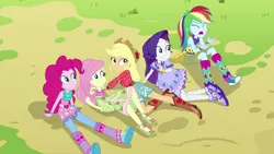 Size: 1280x720 | Tagged: safe, derpibooru import, screencap, applejack, fluttershy, pinkie pie, rainbow dash, rarity, human, equestria girls, alternate clothes, applejack's hat, clothes, cowboy hat, dress, female, females only, g4, hat, image, my little pony equestria girls: legend of everfree, png, yelling