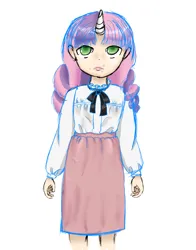 Size: 2480x3166 | Tagged: safe, derpibooru import, sweetie belle, human, clothes, cosplay, costume, crossover, fear and hunger 2, horn, humanized, image, lip piercing, piercing, png, ribbon, simple background, sketch, thousand yard stare, white background