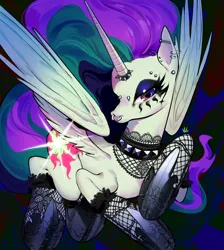 Size: 3000x3348 | Tagged: safe, artist:manysketchbooks, derpibooru import, princess celestia, alicorn, pony, between dark and dawn, abstract background, absurd resolution, choker, clothes, digital art, ear piercing, ethereal mane, ethereal tail, eyelashes, eyeshadow, feather, female, flowing mane, flowing tail, g4, glow, goth, hoof shoes, horn, horn ring, image, jewelry, lidded eyes, looking at you, makeup, mare, multicolored mane, multicolored tail, nose piercing, piercing, png, princess shoes, punklestia, raised hoof, red eyes, ring, solo, spiked choker, spread wings, tail, wings