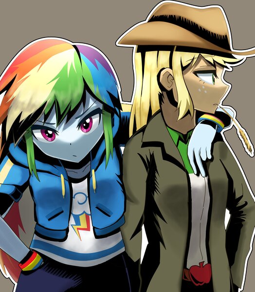 Size: 3574x4096 | Tagged: safe, artist:gunim8ed, derpibooru import, applejack, rainbow dash, human, appledash, applejack's hat, brown background, clothes, cowboy hat, duo, duo female, female, freckles, hat, hoodie, image, jpeg, lesbian, looking at you, shipping, simple background, straw in mouth