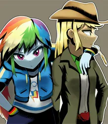 Size: 3574x4096 | Tagged: safe, artist:gunim8ed, derpibooru import, applejack, rainbow dash, human, appledash, applejack's hat, brown background, clothes, cowboy hat, duo, duo female, female, freckles, hat, hoodie, image, jpeg, lesbian, looking at you, shipping, simple background, straw in mouth