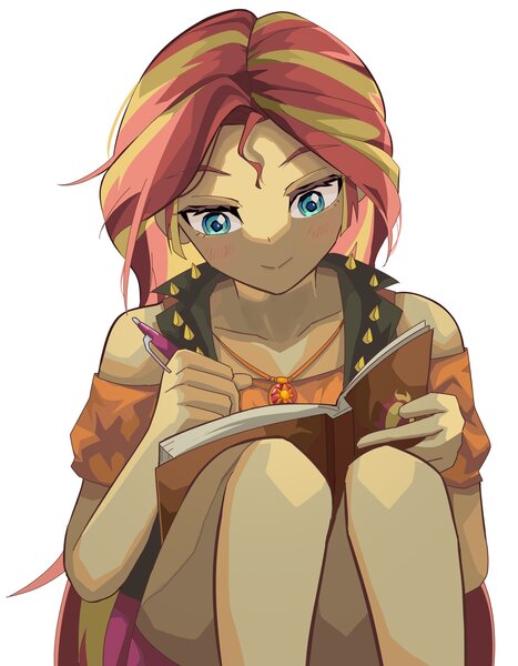 Size: 1593x2048 | Tagged: safe, artist:gunim8ed, derpibooru import, sunset shimmer, human, blushing, female, image, jewelry, jpeg, necklace, notebook, pen, simple background, solo, white background, writing