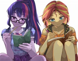 Size: 2048x1593 | Tagged: safe, artist:gunim8ed, derpibooru import, sci-twi, sunset shimmer, twilight sparkle, human, equestria girls, blushing, bowtie, clothes, duo, duo female, female, g4, glasses, image, jewelry, jpeg, necklace, notebook, pencil, ponytail, simple background, skirt, white background, writing