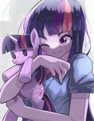 Size: 3186x4096 | Tagged: safe, artist:gunim8ed, derpibooru import, twilight sparkle, human, equestria girls, blushing, bowtie, clothes, female, g4, image, jpeg, plushie, shirt, solo