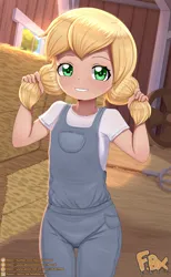 Size: 2480x4016 | Tagged: safe, artist:focusb, derpibooru import, applejack, human, barn, clothes, cute, female, freckles, hay bale, humanized, image, jpeg, looking at you, overalls, pigtails, pitchfork, solo, younger