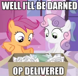 Size: 500x491 | Tagged: safe, derpibooru import, scootaloo, sweetie belle, pegasus, unicorn, box, caption, duo, english, horn, image, image macro, jpeg, op, roflbot, text, watermark