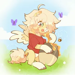 Size: 3000x3000 | Tagged: safe, artist:daffidaizy, derpibooru import, oc, unofficial characters only, bee, butterfly, insect, pegasus, pony, clothes, commission, food, honey, image, jpeg, licking, licking lips, pot, shirt, sitting, solo, t-shirt, tongue out, unshorn fetlocks