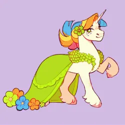 Size: 3000x3000 | Tagged: safe, artist:daffidaizy, derpibooru import, oc, oc:flower power, unofficial characters only, pony, unicorn, clothes, dress, female, flower, flower in hair, freckles, horn, image, jpeg, mare, purple background, simple background, solo, unshorn fetlocks