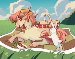 Size: 3000x2360 | Tagged: safe, artist:daffidaizy, derpibooru import, oc, unofficial characters only, earth pony, pony, rabbit, animal, basket, carrot, commission, duo, female, food, image, jpeg, lying down, mare, picnic, picnic basket, picnic blanket, prone, sitting