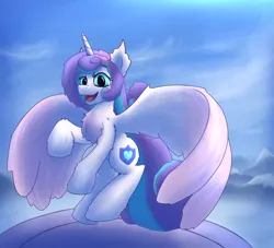 Size: 2200x2000 | Tagged: safe, artist:gosha305, derpibooru import, princess flurry heart, alicorn, pony, chest fluff, crystal empire, cute, ear fluff, female, fluffy, flying, full body, horn, image, landing, large wings, looking at you, mare, mountain, open mouth, png, sky background, smiling, solo, spread wings, wings