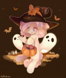 Size: 1735x2048 | Tagged: safe, artist:vanilla-chan, derpibooru import, oc, unofficial characters only, bat, earth pony, ghost, pony, undead, bowtie, brown background, candle, candy, clothes, costume, female, food, halloween, halloween costume, hat, holiday, image, jpeg, mare, pumpkin bucket, simple background, solo, tongue out, witch costume, witch hat