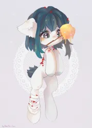 Size: 1467x2048 | Tagged: safe, artist:vanilla-chan, derpibooru import, oc, unofficial characters only, earth pony, pony, abstract background, apple, bandage, candy apple (food), ear fluff, female, food, image, jpeg, mare, mouth hold, solo
