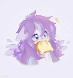 Size: 1908x2048 | Tagged: safe, artist:vanilla-chan, derpibooru import, oc, unofficial characters only, pegasus, pony, abstract background, bread, ear fluff, female, floating heart, food, heart, image, jpeg, mare, mouth hold, solo, spread wings, wings