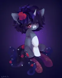 Size: 1751x2200 | Tagged: safe, artist:vanilla-chan, derpibooru import, oc, unofficial characters only, original species, unicorn, clothes, fangs, flower, flower in hair, gradient background, horn, image, jpeg, socks, solo, tentacle tail, tentacles