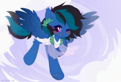 Size: 2048x1392 | Tagged: safe, artist:vanilla-chan, derpibooru import, oc, unofficial characters only, pegasus, pony, blushing, clothes, flying, image, jpeg, laurel wreath, one eye closed, solo, spread wings, wings