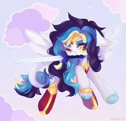 Size: 2048x1966 | Tagged: safe, artist:vanilla-chan, derpibooru import, oc, unofficial characters only, pegasus, pony, circlet, clothes, commission, female, flying, image, jpeg, leonine tail, mare, mouth hold, solo, sword, tail, weapon