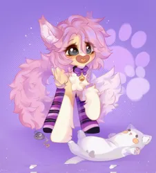 Size: 980x1082 | Tagged: safe, artist:vanilla-chan, derpibooru import, oc, unofficial characters only, pegasus, pony, abstract background, bell, bell collar, bowtie, chest fluff, collar, ear fluff, female, heart, heart eyes, image, jpeg, mare, open mouth, plushie, solo, wingding eyes