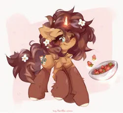Size: 2048x1887 | Tagged: safe, artist:vanilla-chan, derpibooru import, oc, unofficial characters only, pony, unicorn, abstract background, bowl, chest fluff, ear fluff, female, fetlock tuft, flower, flower in hair, food, horn, image, jpeg, magic, mare, one eye closed, solo, strawberry, telekinesis, wink