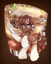 Size: 1624x2048 | Tagged: safe, artist:vanilla-chan, derpibooru import, oc, unofficial characters only, earth pony, pony, bipedal, bread, chest fluff, coffee, croissant, cup, ear fluff, eye clipping through hair, eyebrows, eyebrows visible through hair, female, fetlock tuft, food, image, jpeg, mare, platter, solo, underhoof
