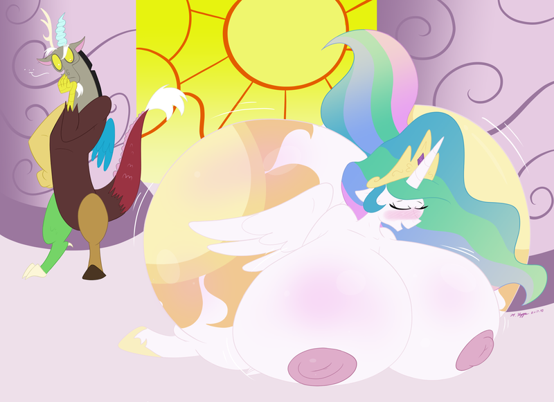 Size: 2196x1596 | Tagged: questionable, artist:necrofeline, derpibooru import, discord, princess celestia, alicorn, anthro, draconequus, series:hallway butts, ..., /:(, big breasts, blushing, bracelet, breast expansion, breasts, butt, butt expansion, canterlot, canterlot castle, chaos magic, clothes, commission, commissioner:geonineplus, concave belly, curvy, dislestia, duo, duo male and female, fat, female, g4, growth, hallway, horn, hourglass figure, huge breasts, huge butt, image, impossibly large breasts, impossibly large butt, impossibly large thighs, impossibly wide hips, jewelry, large butt, male, male and female, nipples, nudity, peytral, pillar, png, sequence, sheepish grin, shipping, shoes, skindentation, spread wings, stained glass, straight, thighs, thunder thighs, tiara, wide hips, wings