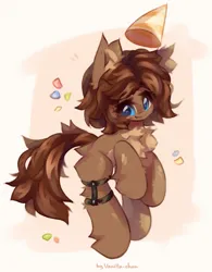 Size: 1597x2048 | Tagged: safe, artist:vanilla-chan, derpibooru import, oc, unofficial characters only, earth pony, pony, abstract background, bracer, chest fluff, ear fluff, female, fetlock tuft, garter straps, hat, image, jpeg, mare, party hat, solo