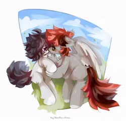 Size: 1024x984 | Tagged: safe, artist:vanilla-chan, derpibooru import, oc, unofficial characters only, earth pony, pegasus, pony, chest fluff, duo, duo male and female, female, fetlock tuft, holding hooves, image, jpeg, looking at each other, looking at someone, male, mare, oc x oc, shipping