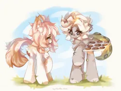 Size: 1024x771 | Tagged: safe, artist:vanilla-chan, derpibooru import, oc, unofficial characters only, earth pony, pony, chest fluff, cookie, duo, ear fluff, female, food, image, jpeg, mare, tentacle tail, tentacles, tray