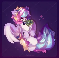 Size: 2048x2027 | Tagged: safe, artist:vanilla-chan, derpibooru import, oc, unofficial characters only, pegasus, pony, abstract background, choker, ear fluff, female, fetlock tuft, flying, image, jpeg, mare, potted plant, solo