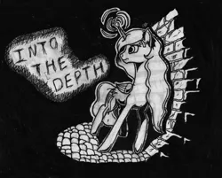Size: 4188x3364 | Tagged: safe, artist:enteryourponyname, derpibooru import, princess celestia, alicorn, pony, fanfic:into the depth, black and white, bleeding, blood, brick wall, darkness, folded wings, grayscale, image, injured, leaning on wall, light spell, magic, monochrome, png, scared, solo, text, traditional art, wings