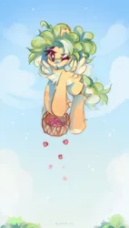 Size: 1164x2048 | Tagged: safe, artist:vanilla-chan, derpibooru import, oc, unofficial characters only, pegasus, pony, basket, berry, chest fluff, female, fetlock tuft, flying, food, image, jpeg, mare, one eye closed, solo