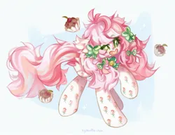 Size: 2048x1573 | Tagged: safe, artist:vanilla-chan, derpibooru import, oc, unofficial characters only, earth pony, pony, abstract background, bow, clothes, commission, ear fluff, female, food, hair bow, image, jpeg, mare, muffin, socks, solo