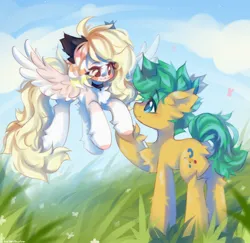 Size: 2048x1989 | Tagged: safe, artist:vanilla-chan, derpibooru import, oc, unofficial characters only, earth pony, pegasus, pony, blushing, butt fluff, chest fluff, choker, duo, duo male and female, ear fluff, female, fetlock tuft, flying, holding hooves, image, jpeg, looking at each other, looking at someone, male, mare, oc x oc, shipping
