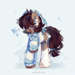 Size: 2048x2048 | Tagged: safe, artist:vanilla-chan, derpibooru import, oc, unofficial characters only, earth pony, pony, clothes, ear fluff, female, hat, image, jpeg, mare, nightcap, one eye closed, onomatopoeia, pajamas, pillow, sleepy, solo, sound effects, unshorn fetlocks, zzz