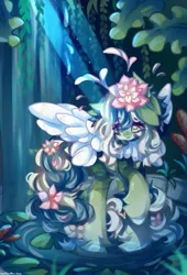 Size: 557x819 | Tagged: safe, artist:vanilla-chan, derpibooru import, oc, unofficial characters only, pegasus, pony, female, fetlock tuft, flower, flower in hair, flower in tail, image, jpeg, lilypad, mare, solo, tail, water, waterfall