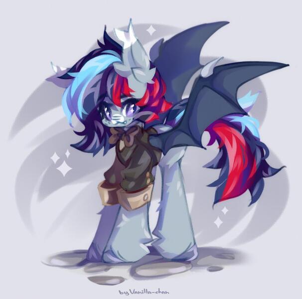 Size: 1024x1014 | Tagged: safe, artist:vanilla-chan, derpibooru import, oc, unofficial characters only, bat pony, pony, abstract background, bowtie, clothes, ear fluff, ear tufts, fangs, fetlock tuft, image, jpeg, shirt, solo, starry eyes, wingding eyes