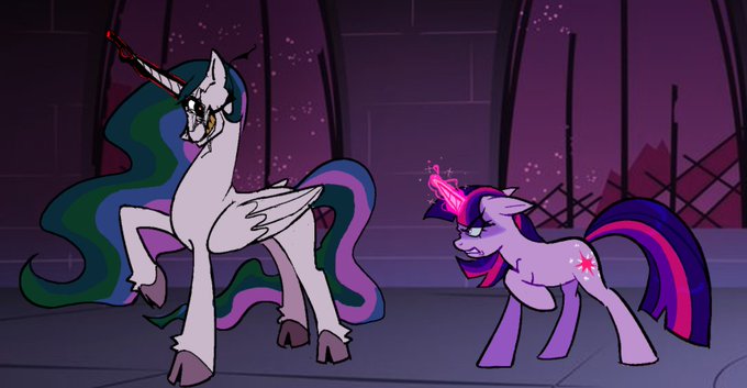 Size: 680x353 | Tagged: semi-grimdark, artist:dunkerbunkers, artist:jack gore, derpibooru import, princess celestia, twilight sparkle, alicorn, pony, unicorn, castle, castle of the royal pony sisters, creepypasta, dark magic, exe, female, g4, gritted teeth, horn, image, jpeg, magic, magic aura, mare, sonic the hedgehog (series), sonic.exe, teeth, unicorn twilight