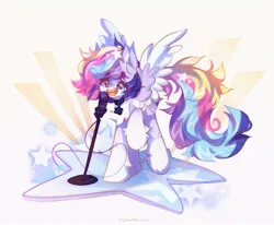 Size: 2048x1690 | Tagged: safe, artist:vanilla-chan, derpibooru import, oc, oc:starbright flow, unofficial characters only, pegasus, pony, abstract background, chest fluff, choker, female, fetlock tuft, image, jpeg, mare, singing, solo, spread wings, wings