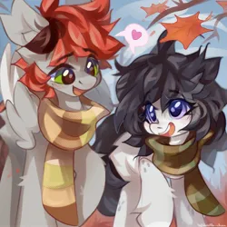 Size: 2048x2048 | Tagged: safe, artist:vanilla-chan, derpibooru import, oc, unofficial characters only, earth pony, pegasus, pony, autumn, autumn leaves, clothes, duo, duo male and female, ear fluff, female, image, jpeg, leaf, leaves, looking at each other, looking at someone, male, oc x oc, scarf, shipping, speech bubble, straight